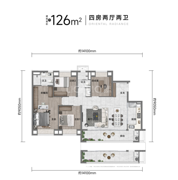 居室：4室2厅2卫 建面：126m²