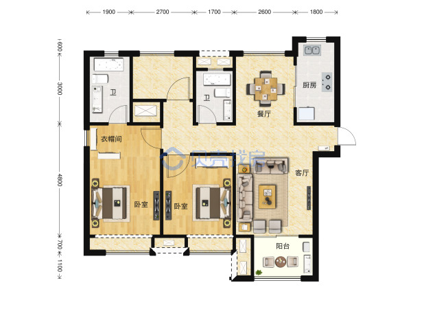 居室：3室2厅2卫 建面：111m²