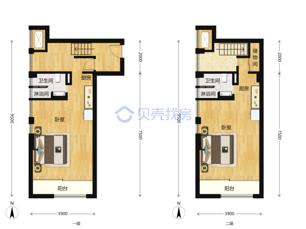 居室：2室0厅2卫 建面：58m²