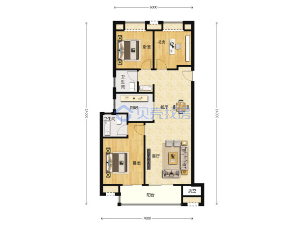 居室：3室2厅2卫 建面：107m²