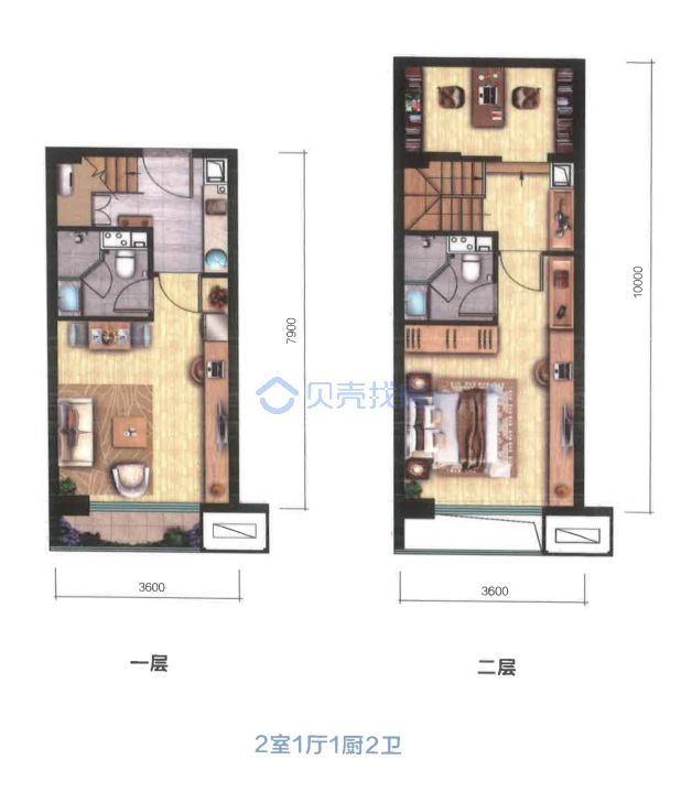 居室：2室1厅2卫 建面：38m²