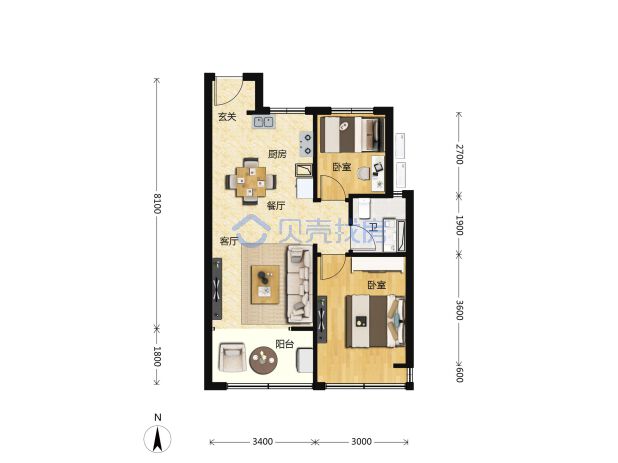 居室：2室2厅1卫 建面：71m²