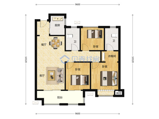 居室：3室1厅2卫 建面：102m²