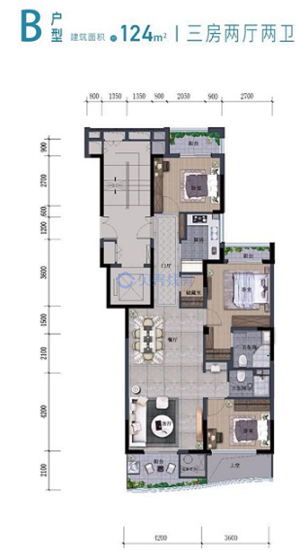 居室：3室2厅2卫 建面：124m²