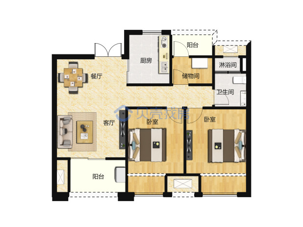 居室：2室2厅1卫 建面：83m²