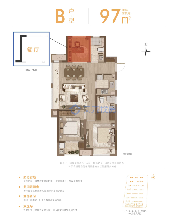 居室：3室2厅2卫 建面：97m²