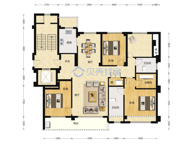 居室：4室2厅2卫 建面：144m²