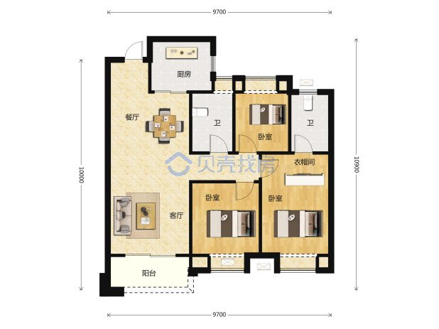 居室：3室2厅2卫 建面：111m²