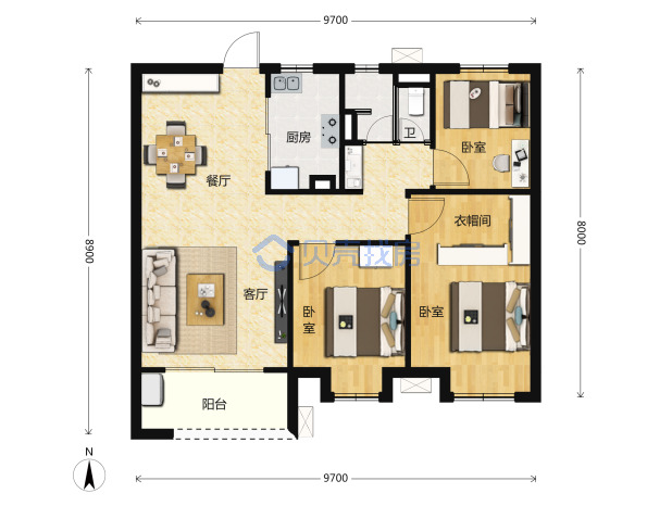 居室：3室2厅1卫 建面：98m²