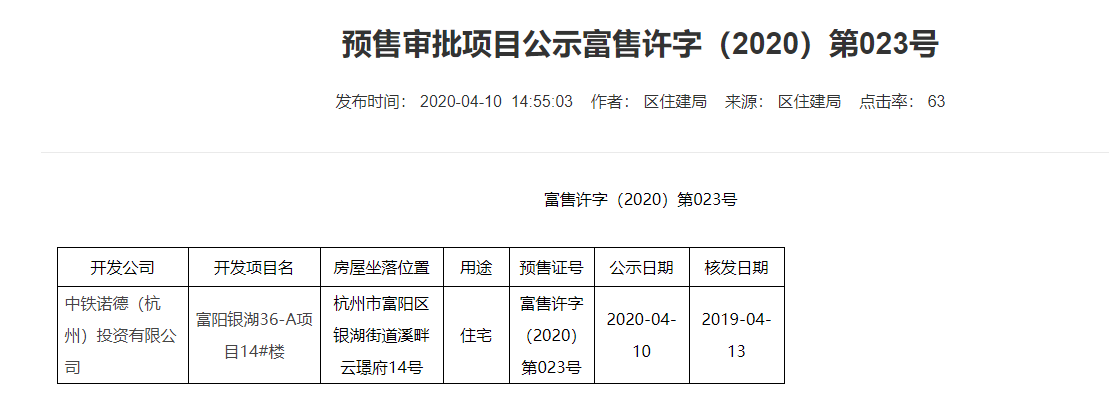 【杭州市中国中铁溪畔云璟府楼盘】房价,户型,开盘时间详情 预售许可证