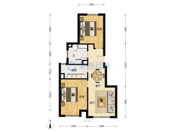 居室：2室2厅1卫 建面：70m²