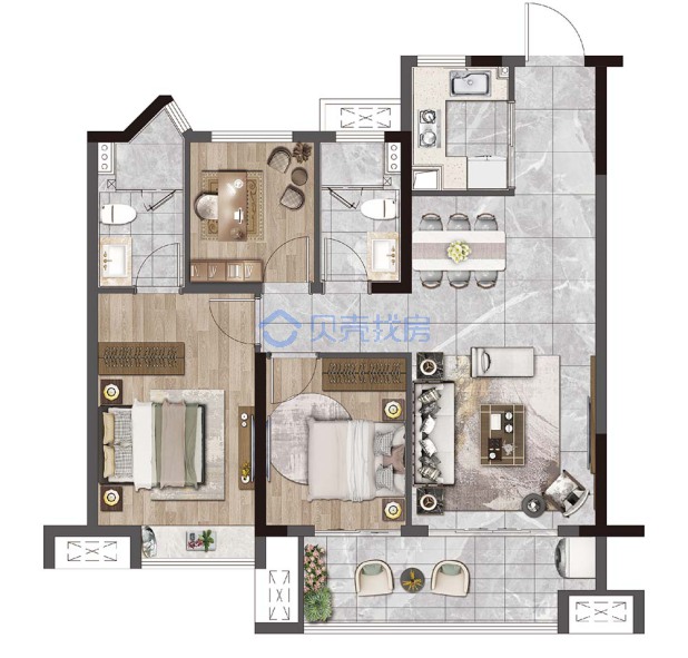 居室：3室2厅2卫 建面：95m²