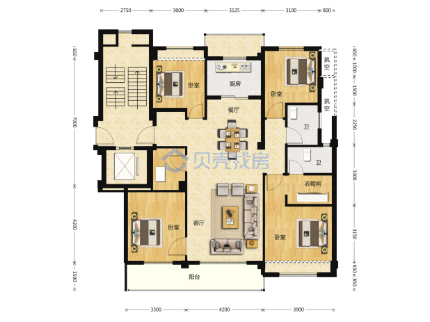 居室：4室2厅2卫 建面：135m²