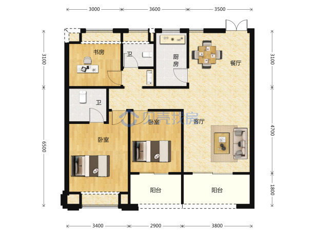 居室：3室2厅2卫 建面：114m²