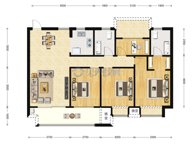 居室：3室2厅2卫 建面：115m²