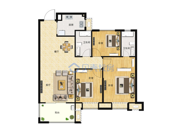 居室：3室2厅2卫 建面：108m²