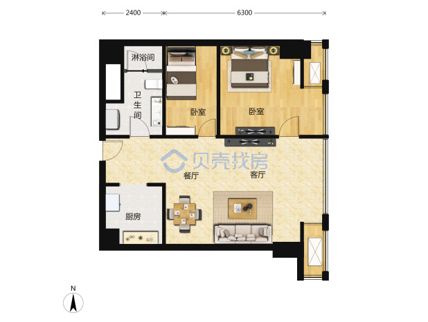 居室：2室2厅1卫 建面：65m²