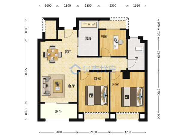 居室：3室2厅1卫 建面：89m²