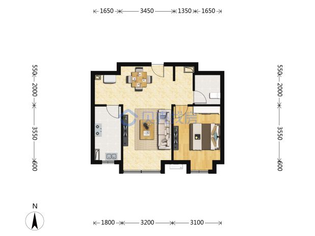 居室：1室2厅1卫 建面：63m²