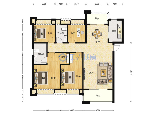 居室：4室2厅2卫 建面：130m²