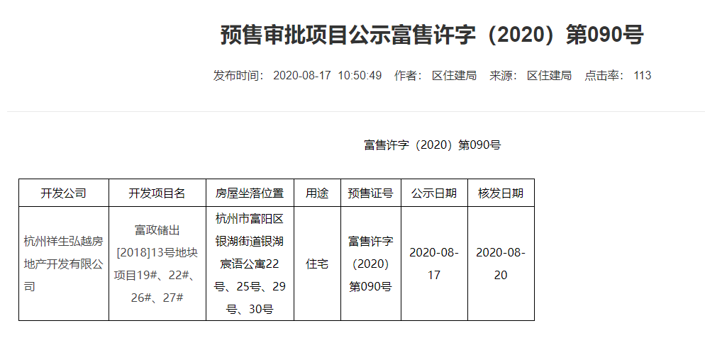 【杭州市祥生云湖城楼盘】房价,户型,开盘时间详情 预售许可证