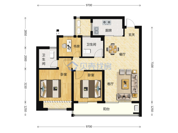 居室：3室2厅2卫 建面：89m²