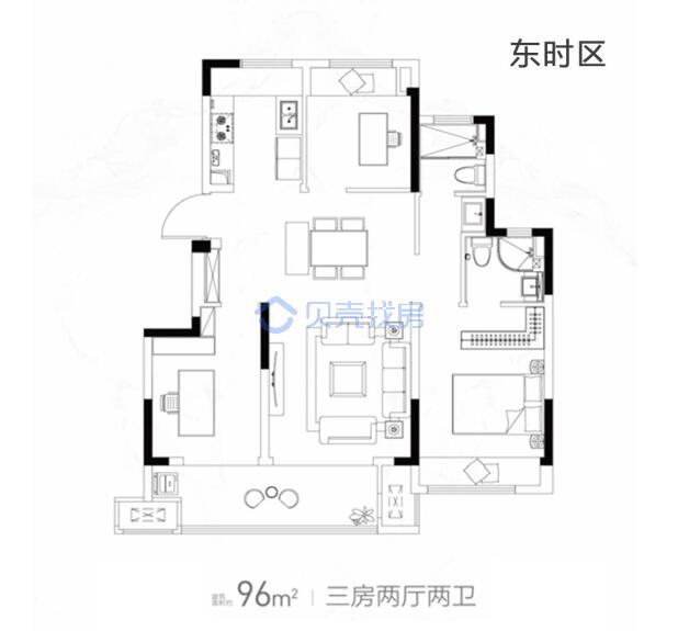 居室：3室2厅2卫 建面：96m²