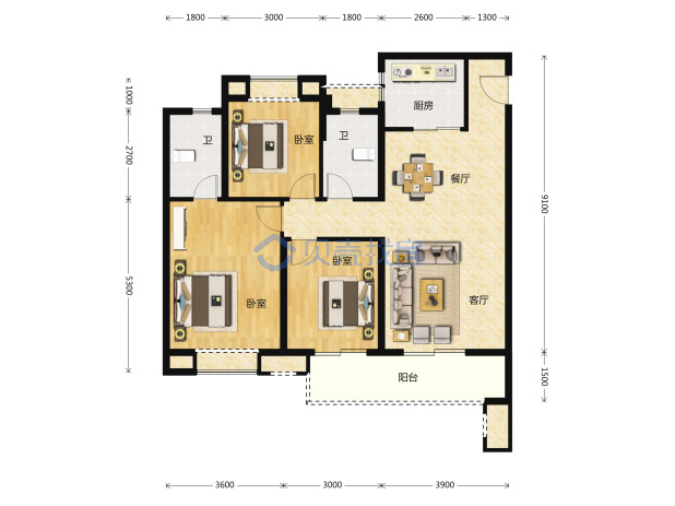 居室：3室2厅2卫 建面：118m²