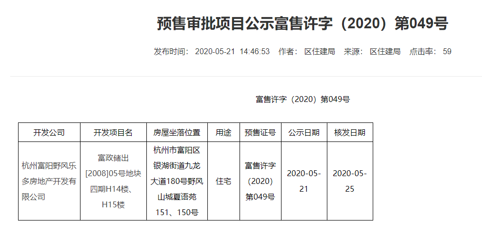 【杭州市泰禾野风大城小院楼盘】房价,户型,开盘时间详情 预售许可证