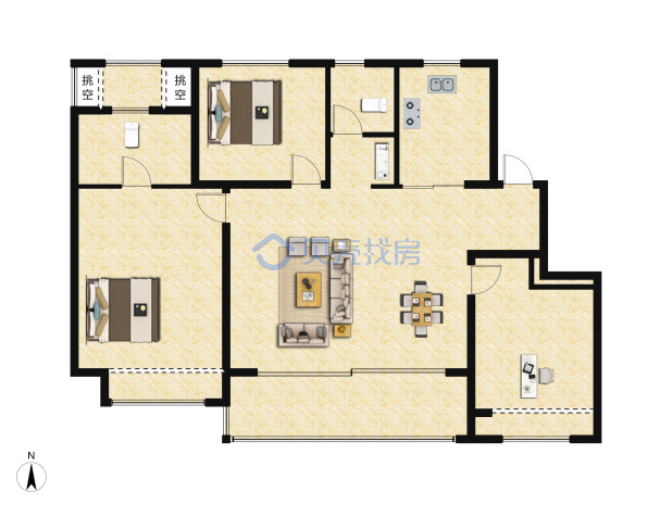 居室：3室2厅2卫 建面：105m²