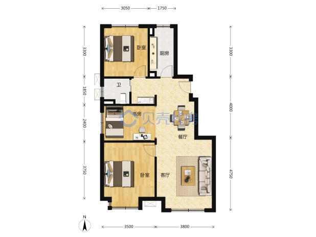 居室：3室2厅1卫 建面：89m²