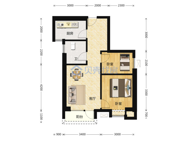 居室：2室2厅1卫 建面：65m²