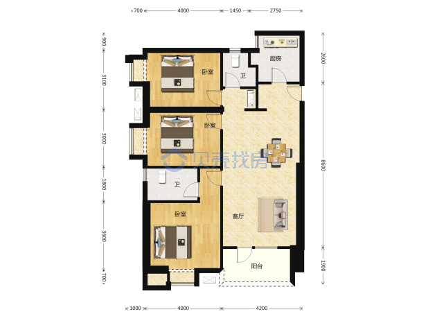 居室：3室2厅2卫 建面：121m²