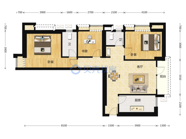 居室：3室2厅2卫 建面：109m²