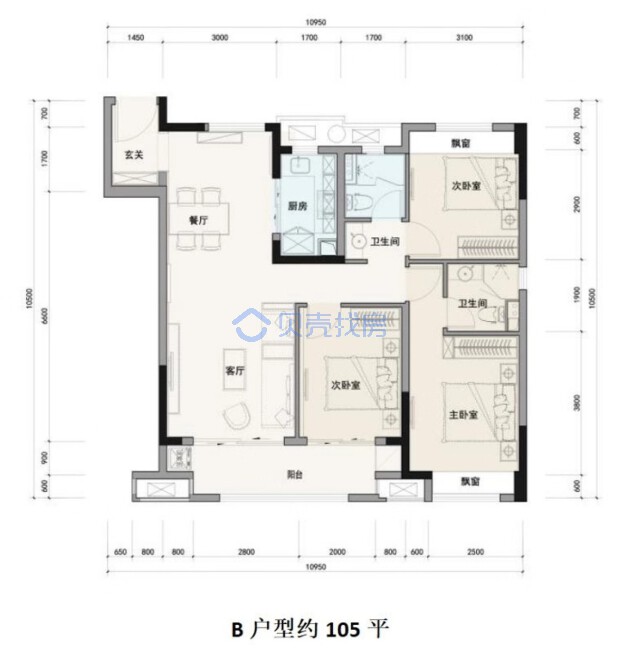 居室：3室2厅2卫 建面：105m²