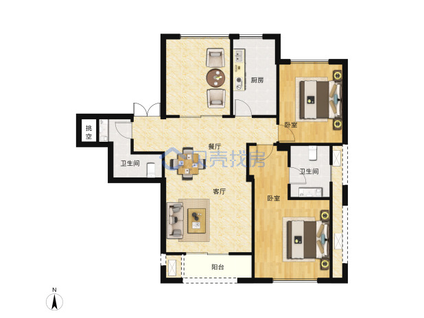 居室：2室2厅2卫 建面：120m²