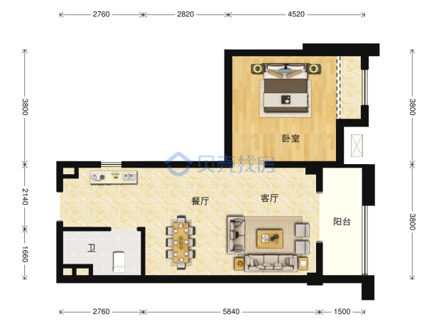 居室：1室1厅1卫 建面：61m²