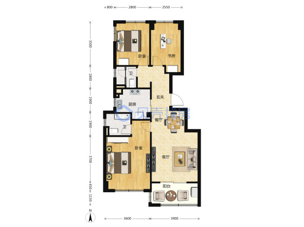 居室：3室2厅2卫 建面：89m²