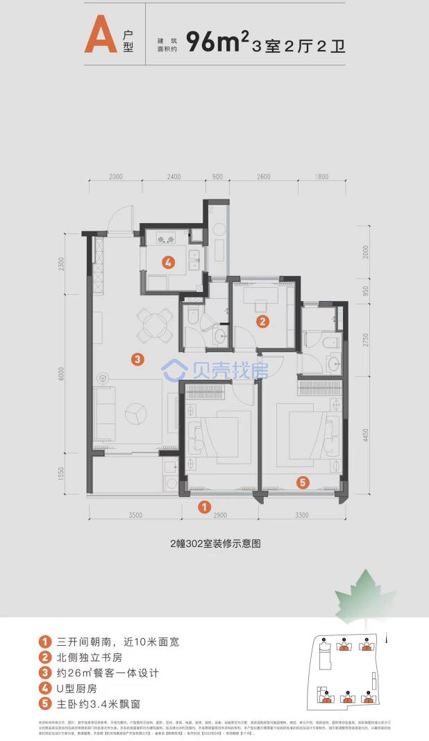 居室：3室2厅2卫 建面：96m²