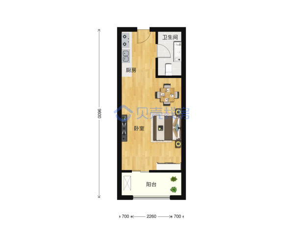 居室：1室0厅1卫 建面：44m²