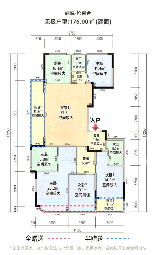 居室：4室2厅2卫 建面：176m²