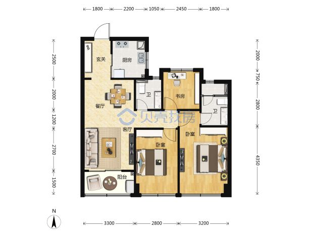 居室：3室2厅2卫 建面：89m²