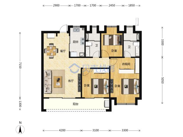 居室：3室2厅2卫 建面：109m²