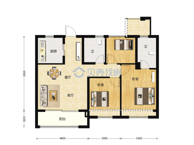 居室：3室2厅2卫 建面：98m²