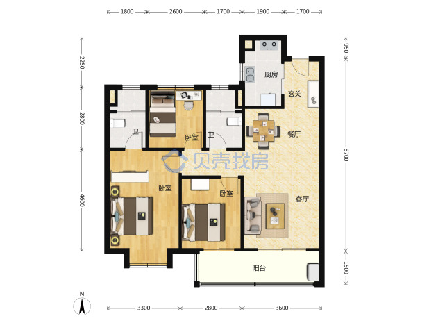 居室：3室2厅2卫 建面：106m²