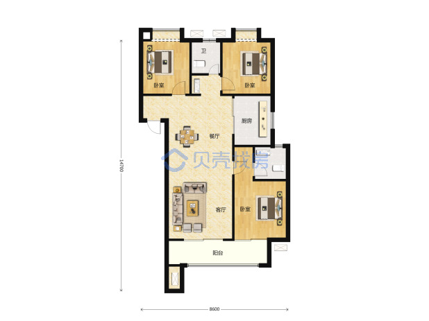 居室：3室2厅2卫 建面：105m²