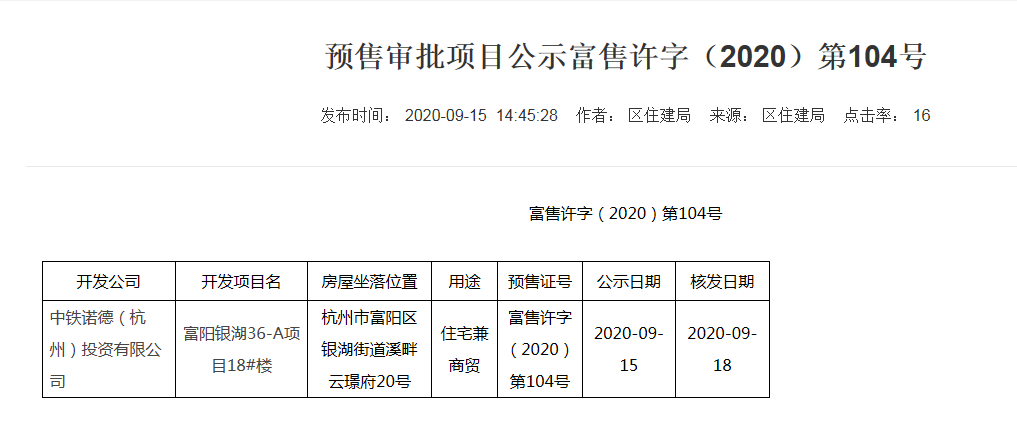 【杭州市中国中铁溪畔云璟府楼盘】房价,户型,开盘时间详情 预售许可证