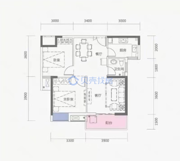 居室：2室2厅1卫 建面：80m²