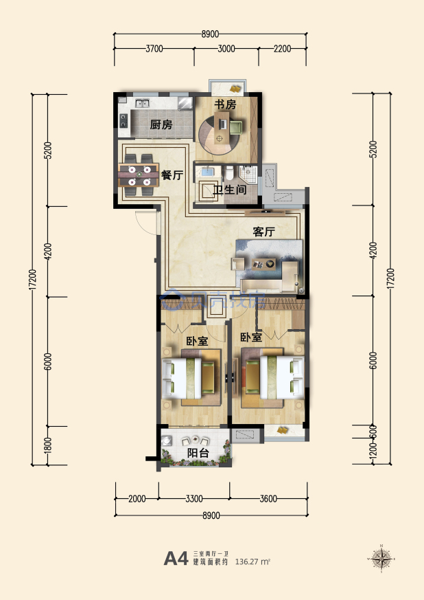 居室：3室2厅1卫 建面：136.27m²