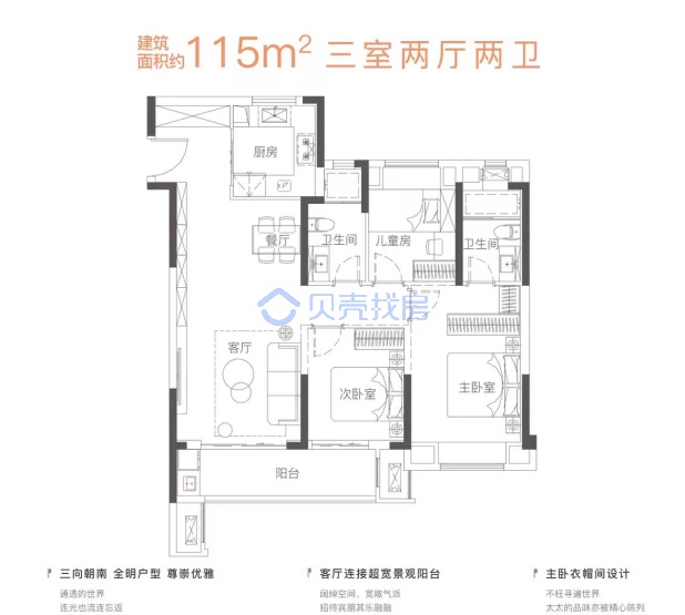 居室：3室2厅2卫 建面：115m²